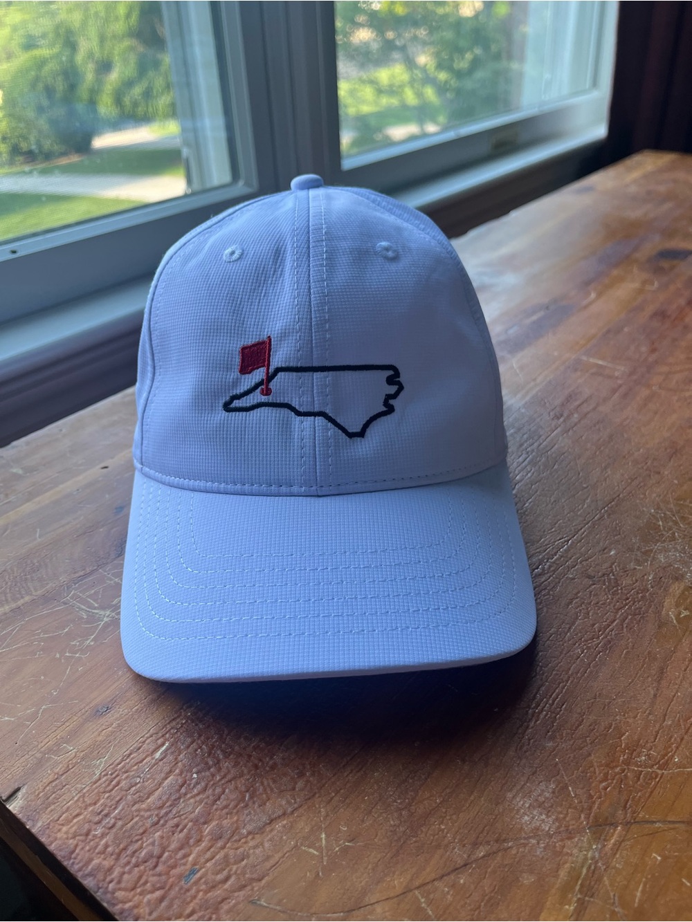 Fahrenheit White Baseball Cap with Red and Black Embroidered State Outline